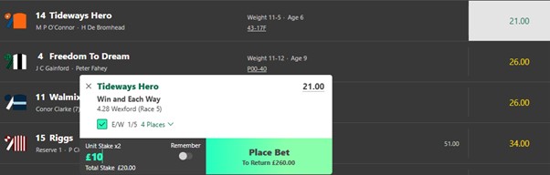 Bet365 Horse Racing Each Way Bet Slip